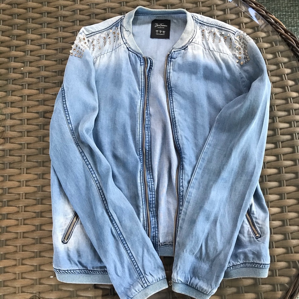 Zara Embellished Chambray Bomber Jacket